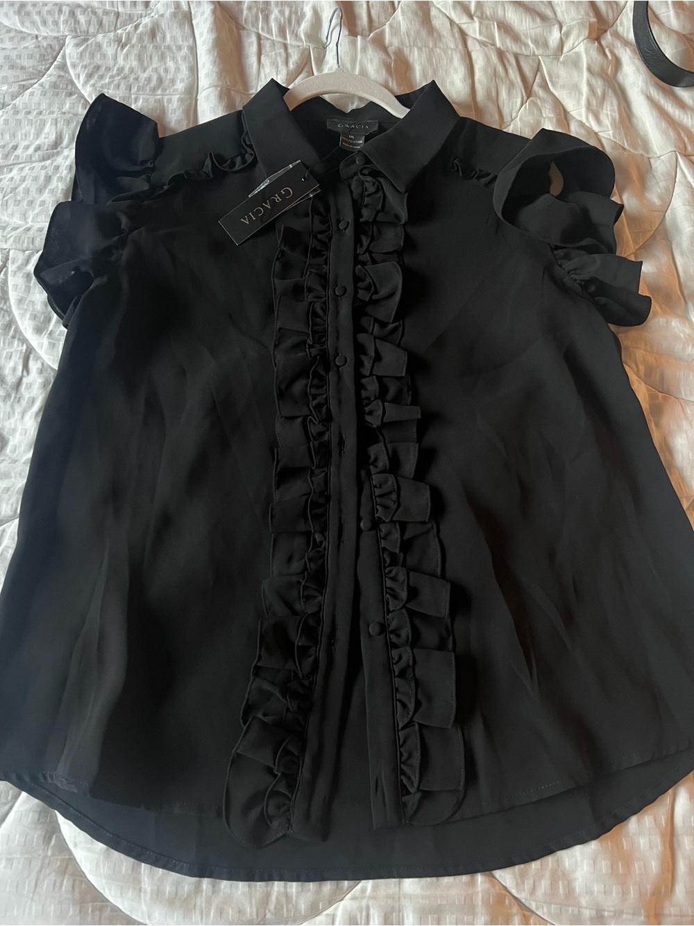 Gracia Black Ruffle-Front Collared Jacket - Picture 2 of 3